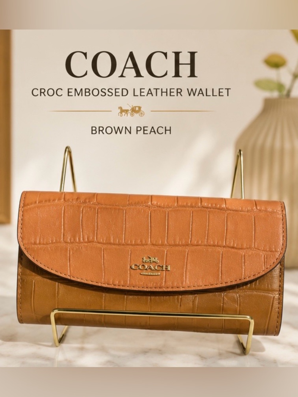 Coach Croc Embossed Leather Wallet Brown Peach